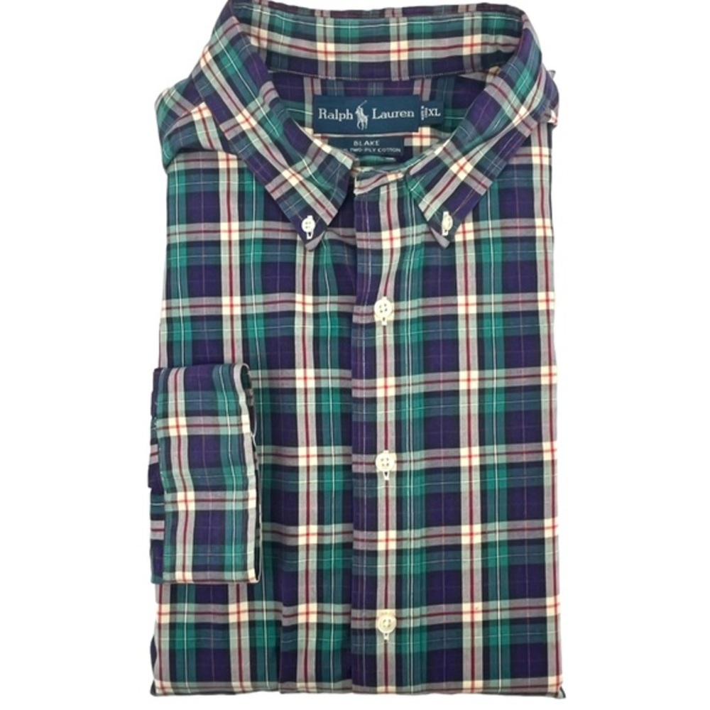 Ralph Lauren Mens Flannel Button Down Plaid Shirt Blue and Green size XL 10380